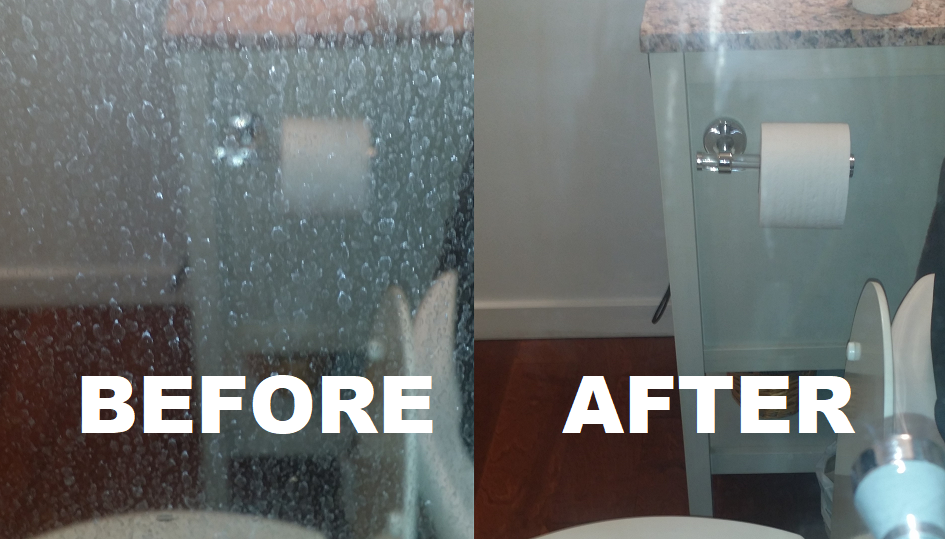 Before and After using Diamond Luster on Glass Shower Enclosure